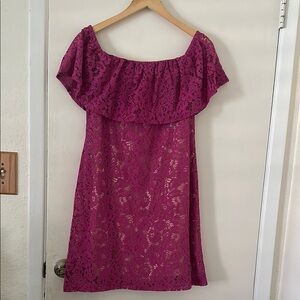 Off-the-Shoulder Lace Dress in Magenta